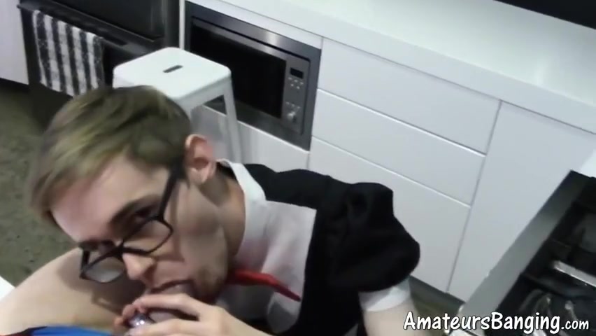 Twink Maid With Glasses Fucked By Bald Step daddy In Kitchen