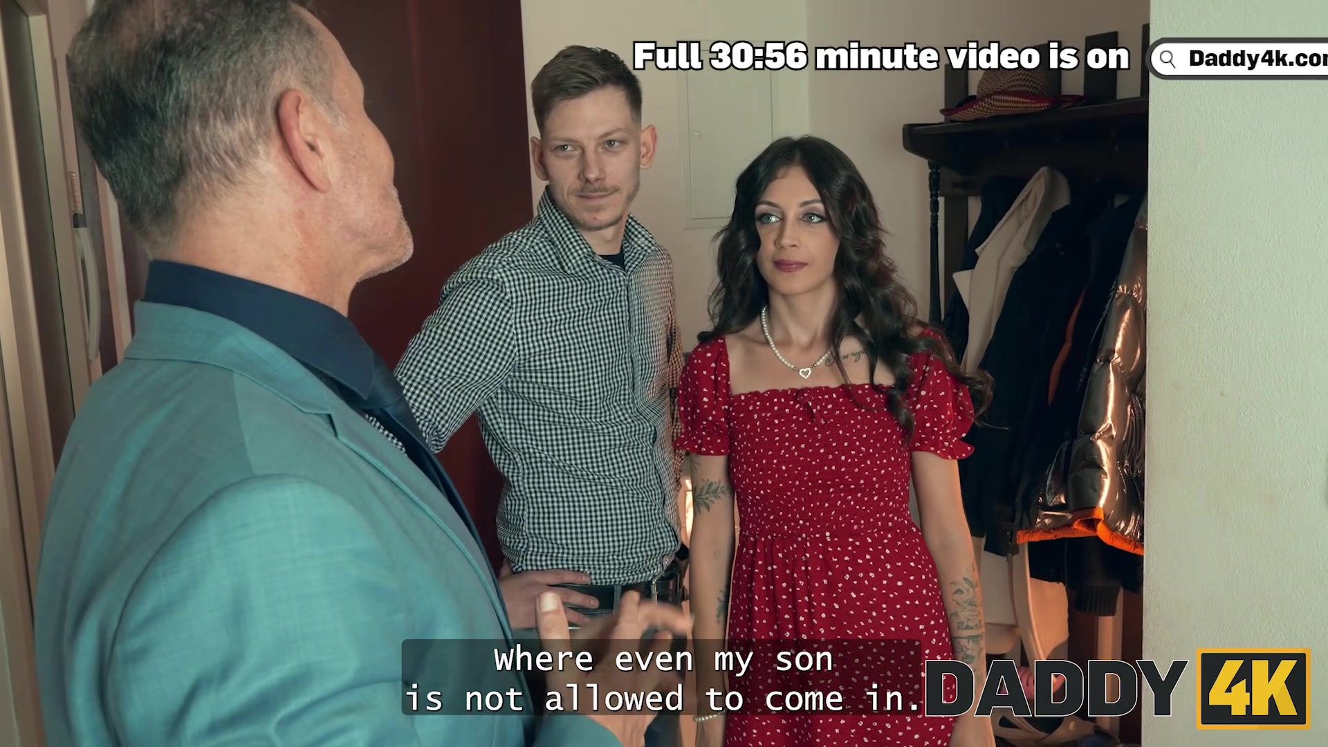 DADDY4K. Brunette whore cheats on her BF in the next room with his Daddy