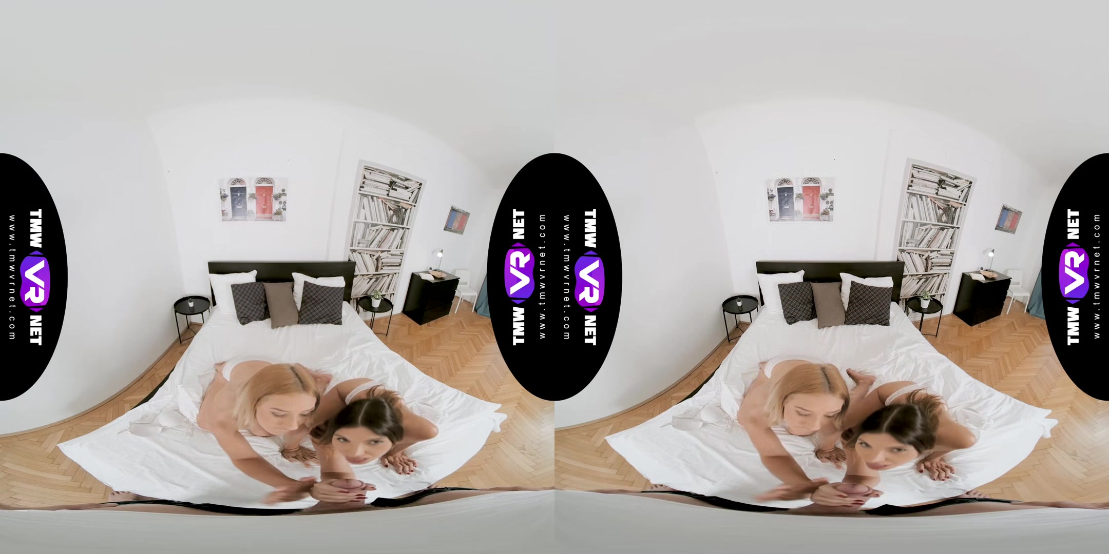 Playful trio in bed