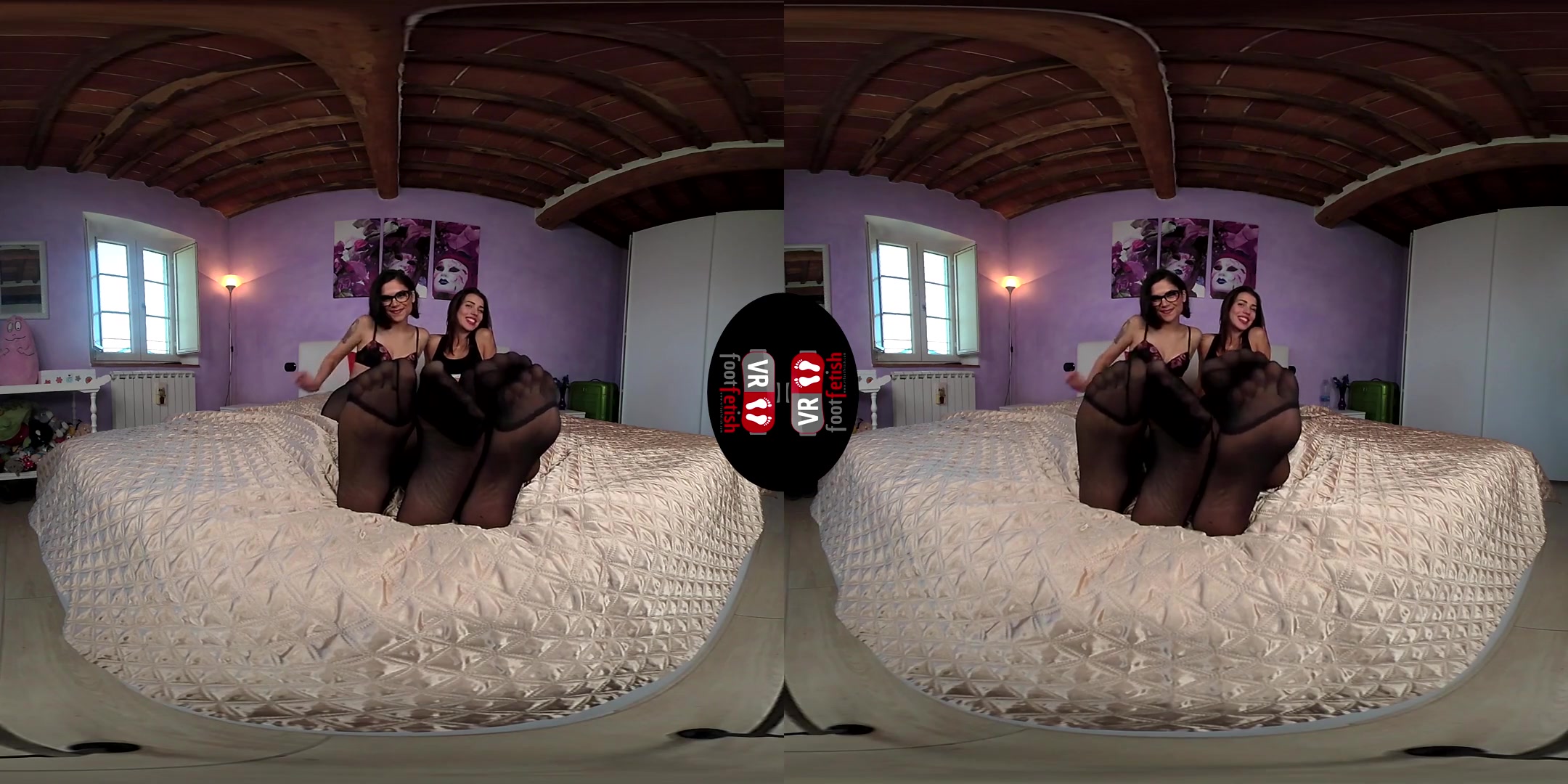 Brunette Power: Chiara and Petra Lay Down in a Bed in Black Nylons - Stockings Foot Fetish Lesbian Feet