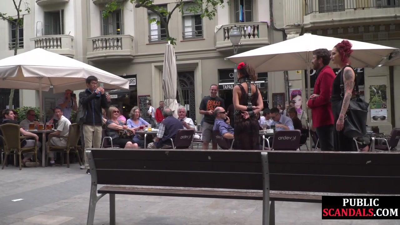 Public BDSM slut humiliated and spanked by audience