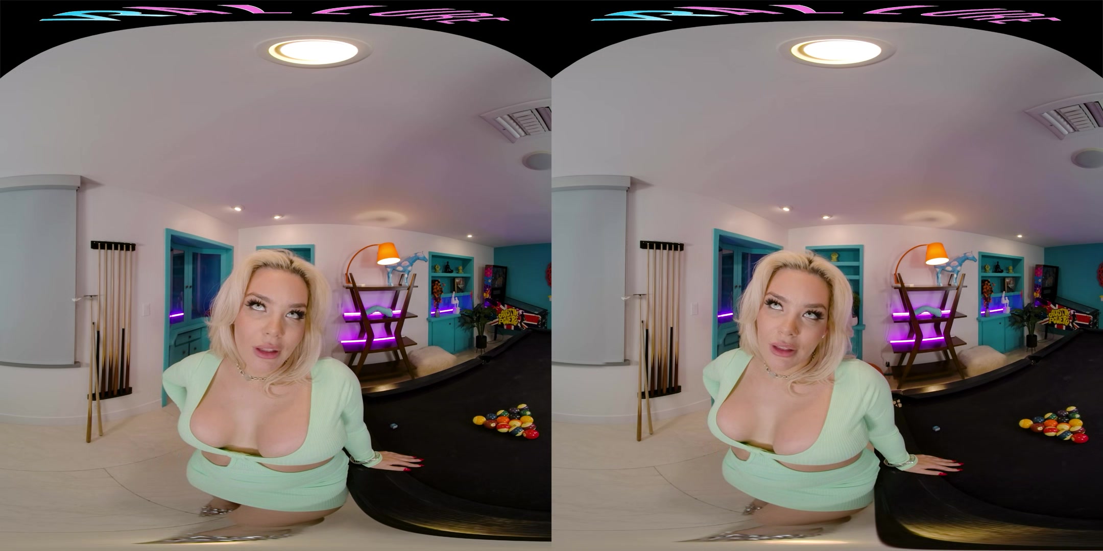 Seductive blonde with big boobs gives you a steamy show in VR