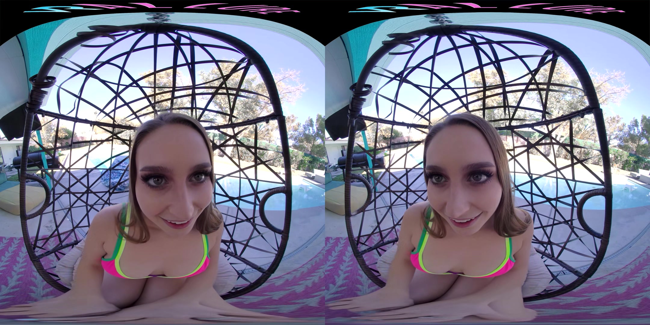 Horny blonde masturbates outside with her toys in virtual reality