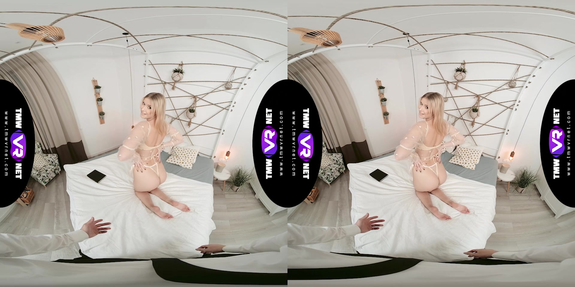 Glam blonde waits for dude in bed
