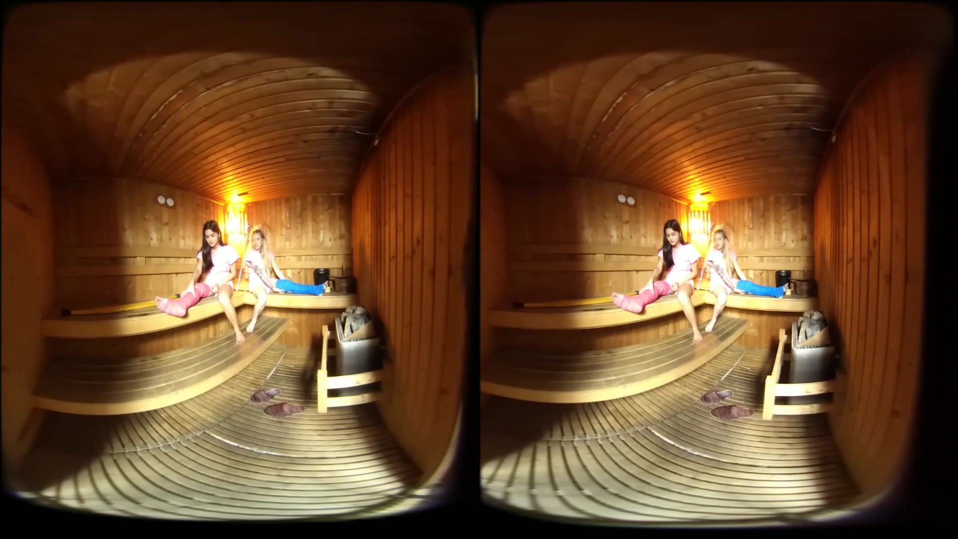 2 Girls With Long Cast Leg In Sauna - VRPussyVision