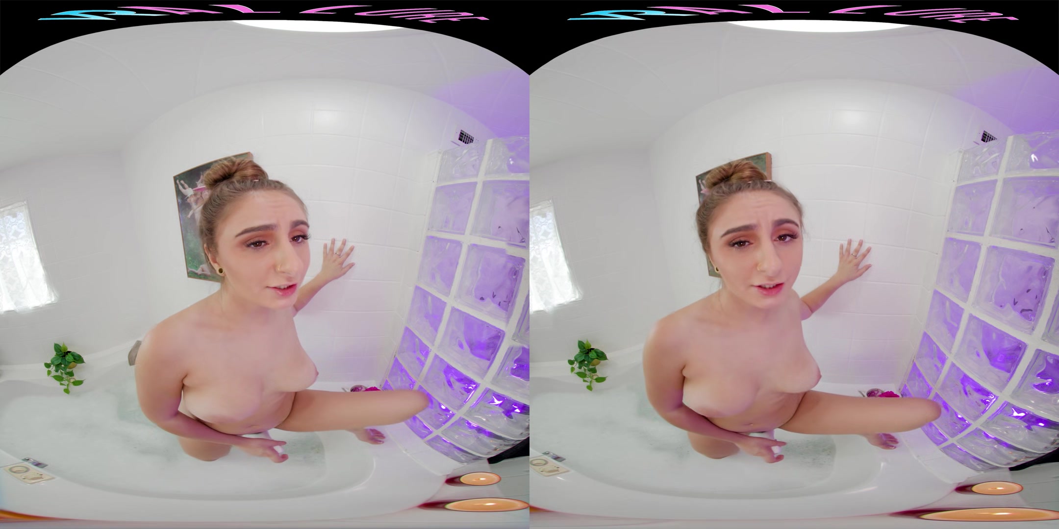 Naturally busty babe plays with her toys while in a bubble bath in VR