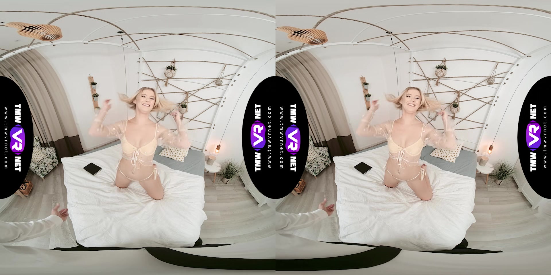 Glam blonde waits for dude in bed