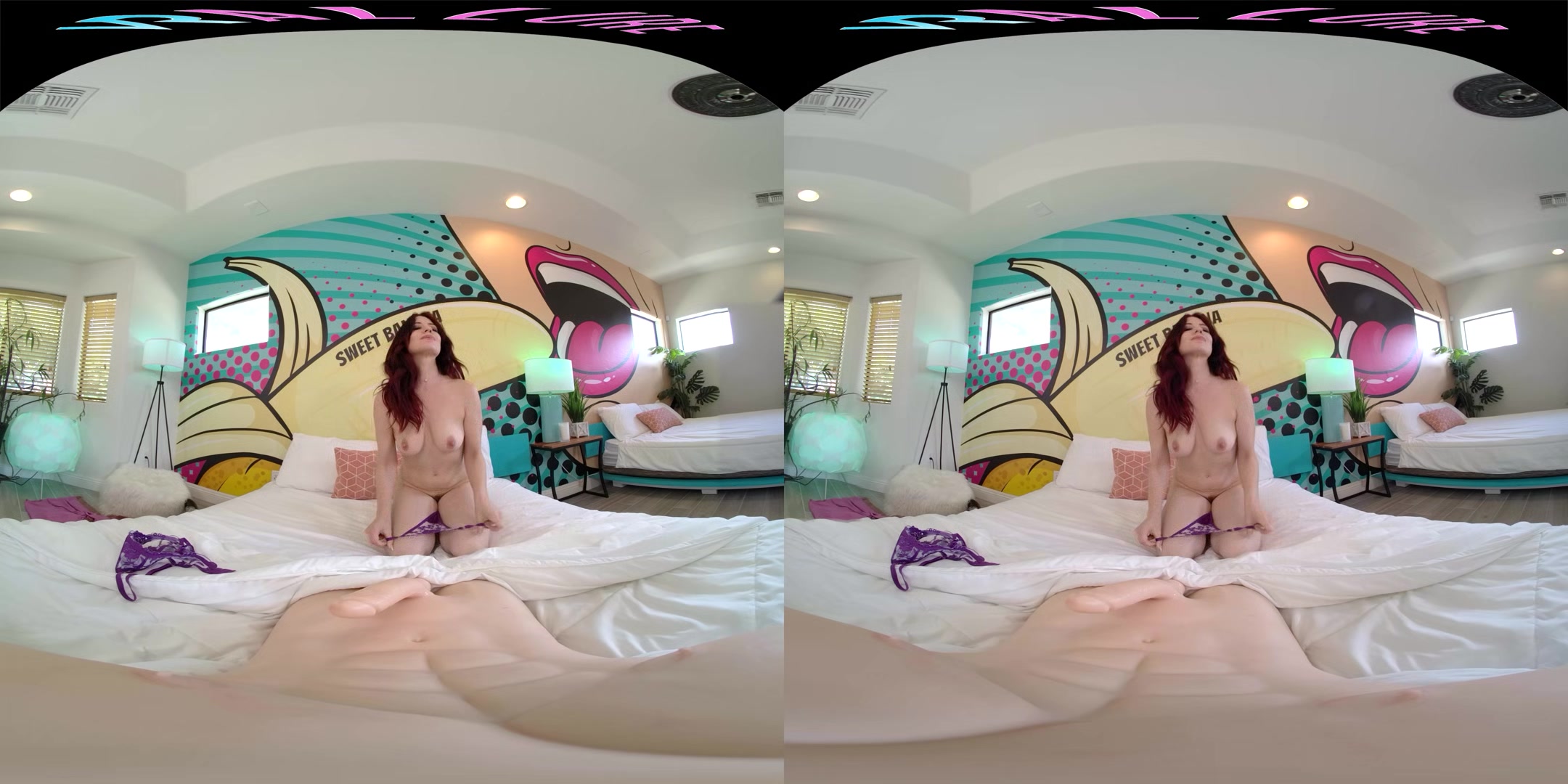 Stunning redhead with big natural tits rides her sex doll in virtual reality
