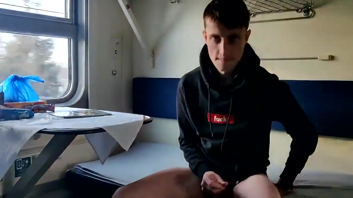 Masturbating In A Train Cabin While Wearing Hoodie And Shorts