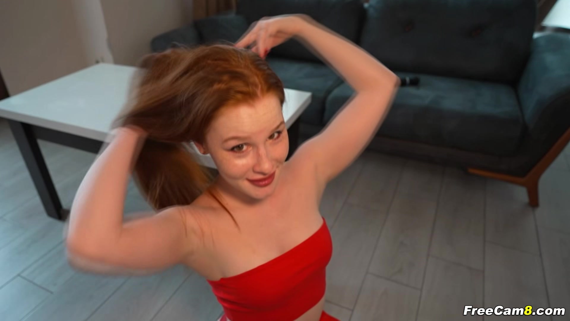 Freckled Redhead Babe on Her Knees to Sucks Big Cock