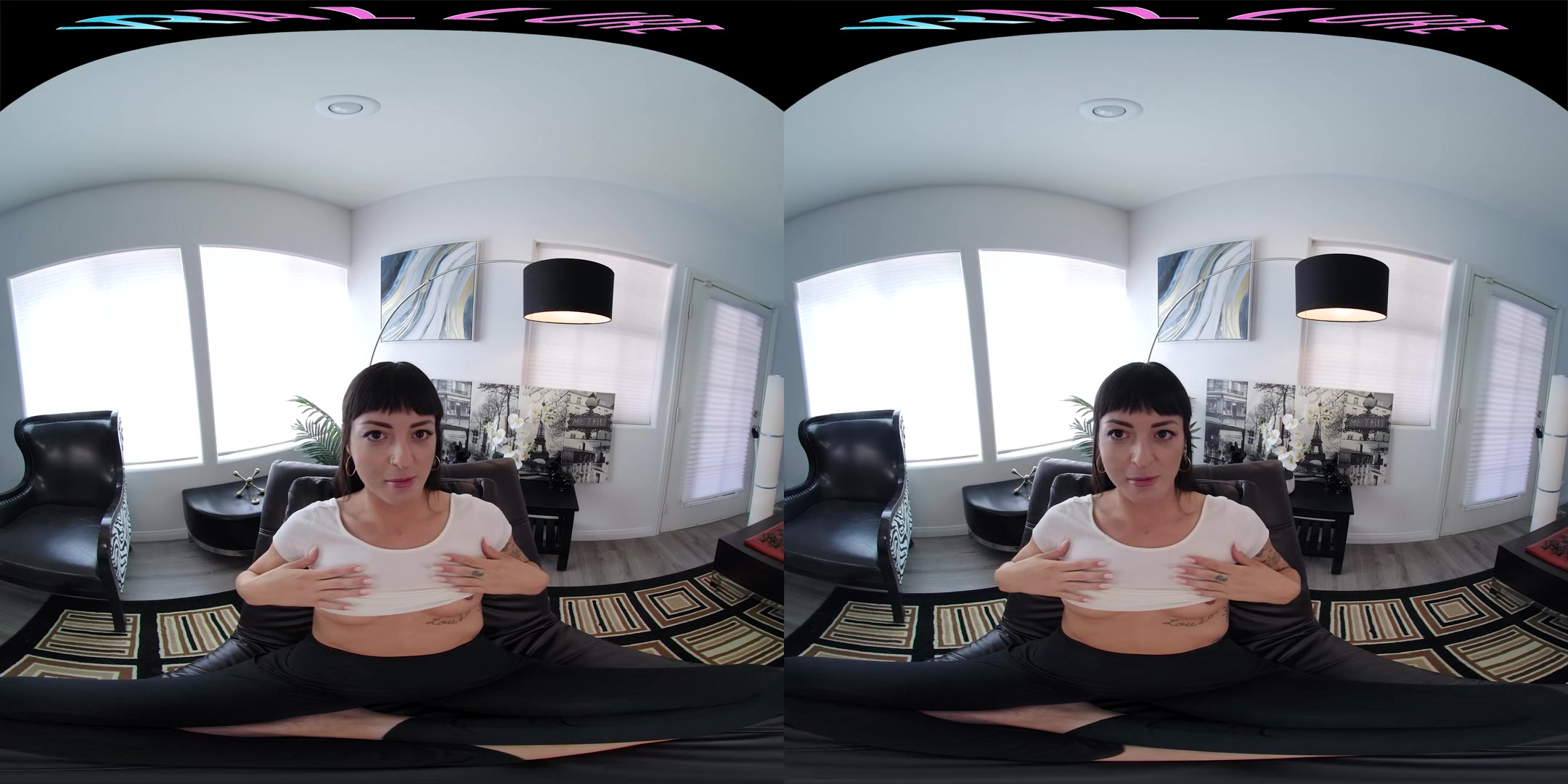 Skinny brunette fucks her ass with a toy in virtual reality