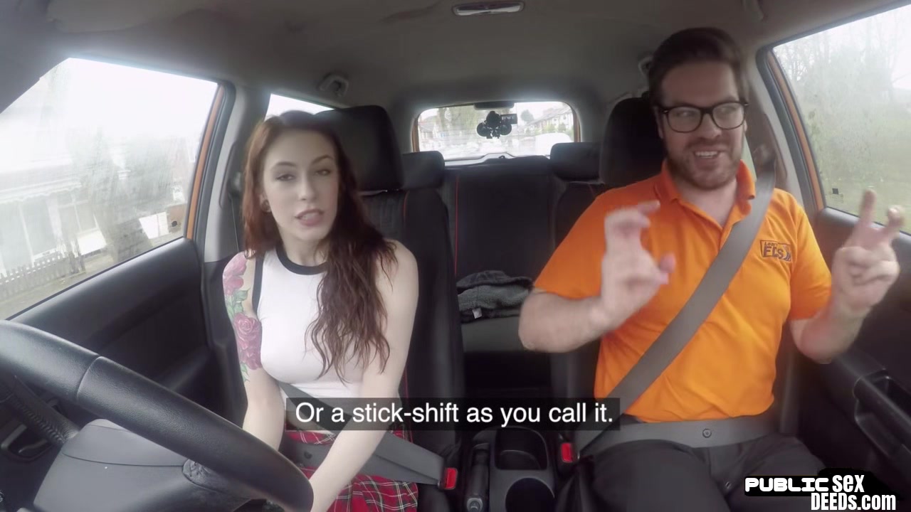 Tattooed medium tits babe fucked in car by instructor