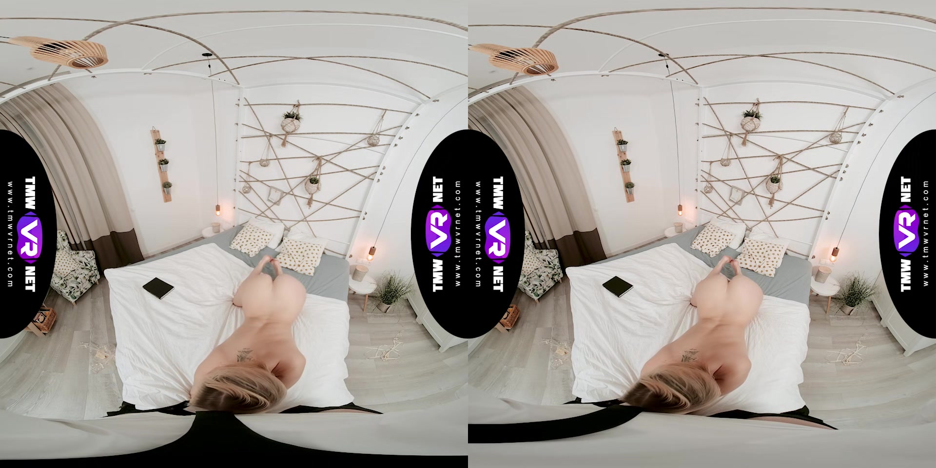 Glam blonde waits for dude in bed