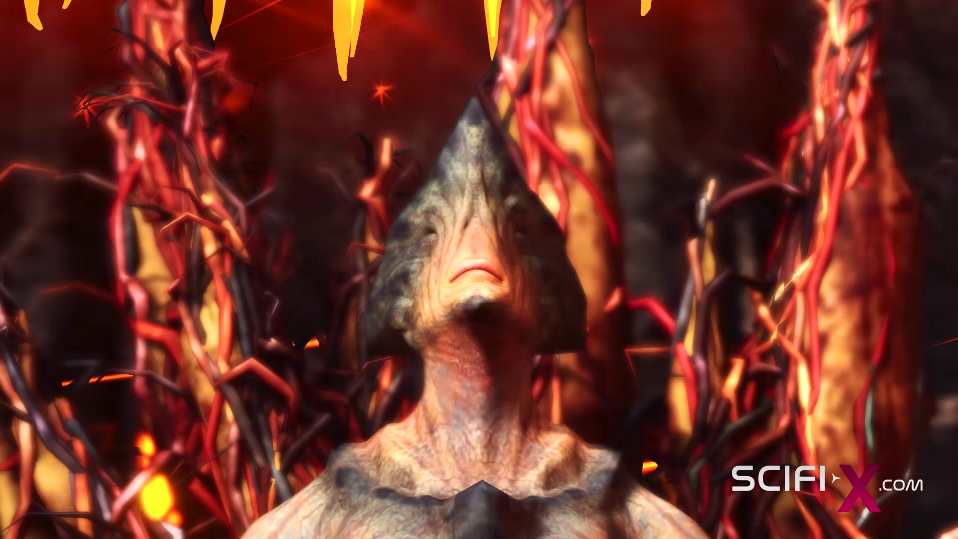 Alien fucks hard a sexy blonde in her ass in the fire cave