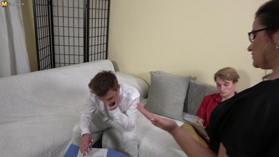 Curvy mature teacher doing two horny toyboy students 18+