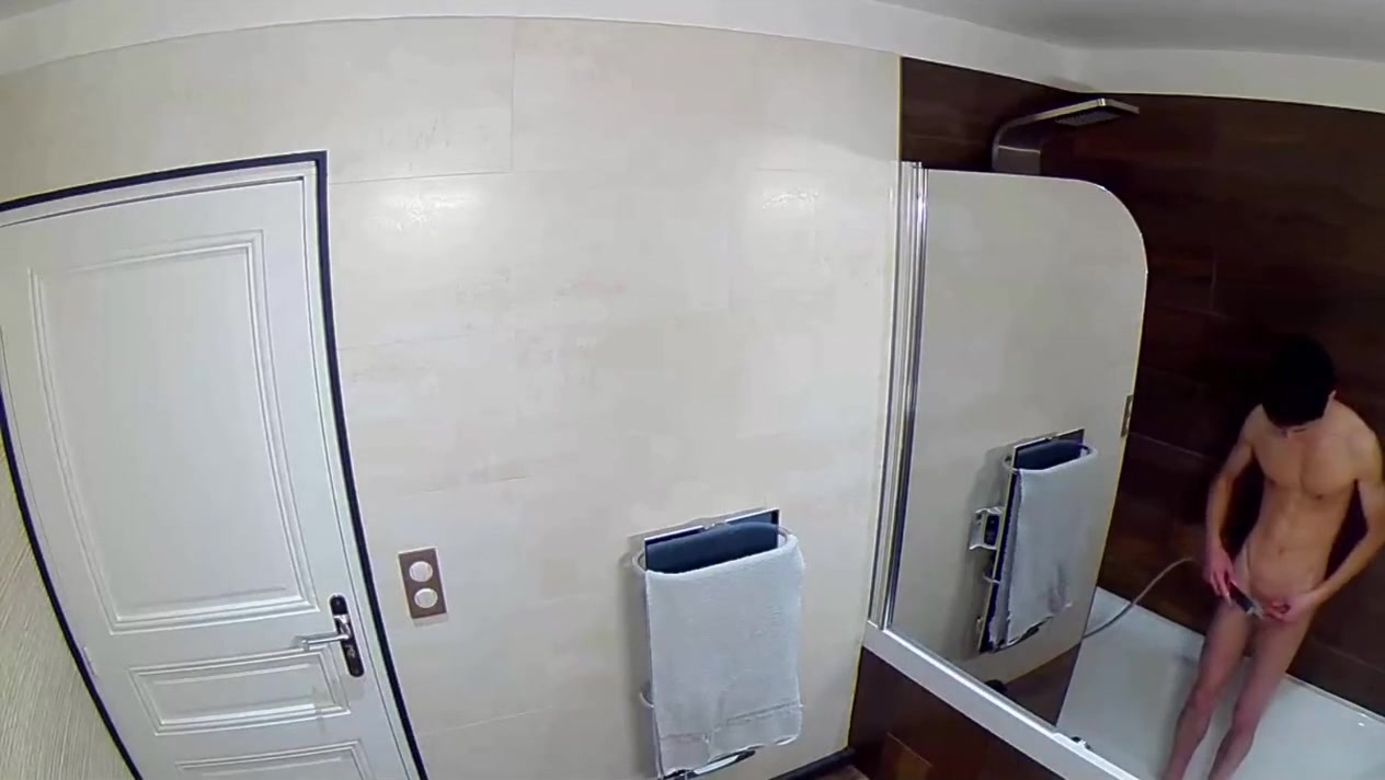 Shower of a skinny teen 18+ boy peeing washing his cock and his nipples