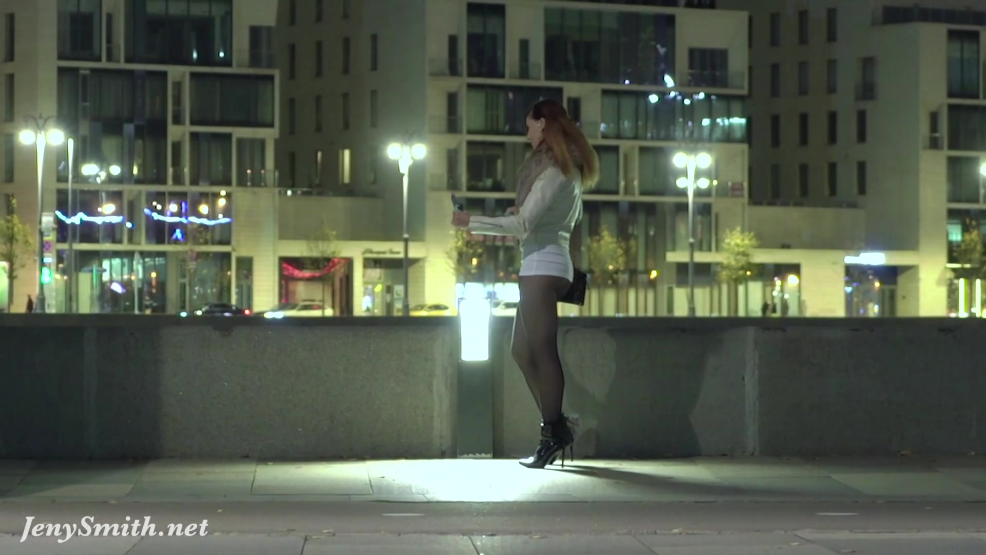 Jeny Smith walks in public in transparent tights without panties