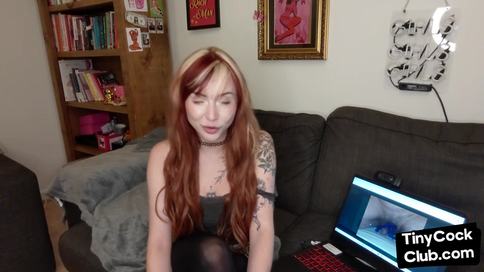 SPH solo inked babe in stockings humiliates small dicks