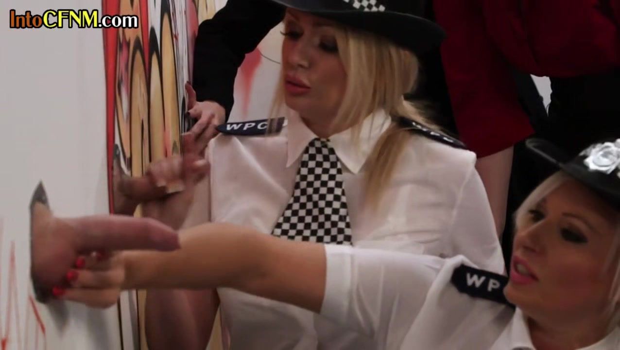 CFNM group of amateur police ladies tugging gloryhole cocks