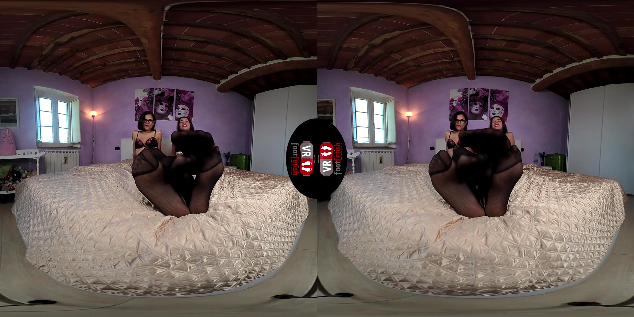 Brunette Power: Chiara and Petra Lay Down in a Bed in Black Nylons - Stockings Foot Fetish Lesbian Feet