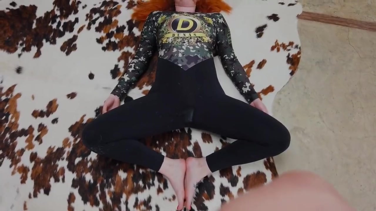 Ginger Redhead teen 18+ Doing Yoga in Sports Bodysuit and Gets Covered with Cum