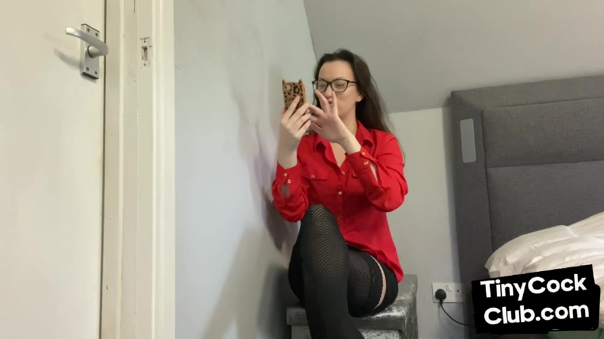 SPH domina in leather skirt talks bad to small dick losers