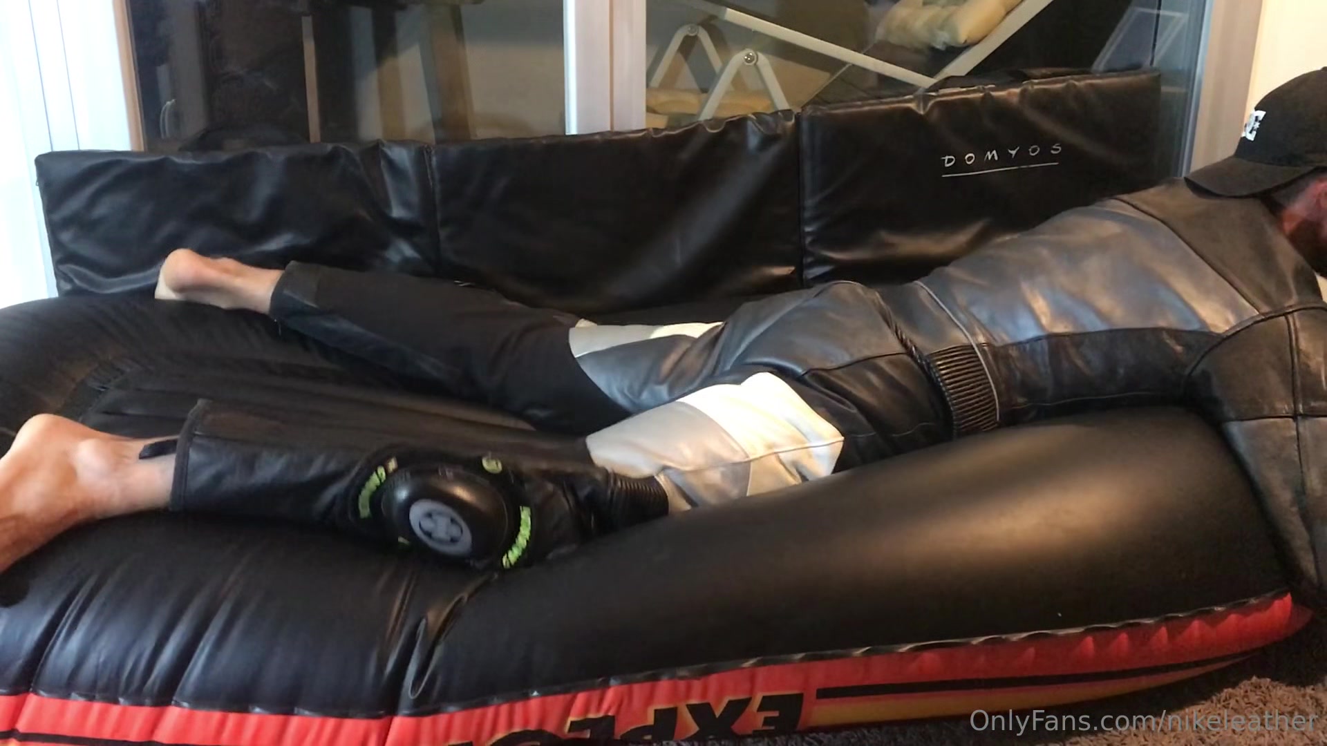 Biker humping in gear feet