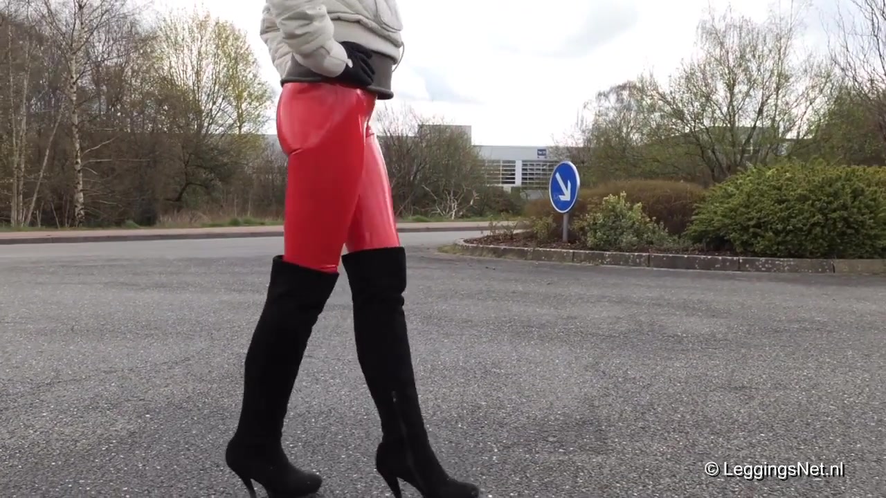 Red Vinyl Leggings And Overknees, 1st Part
