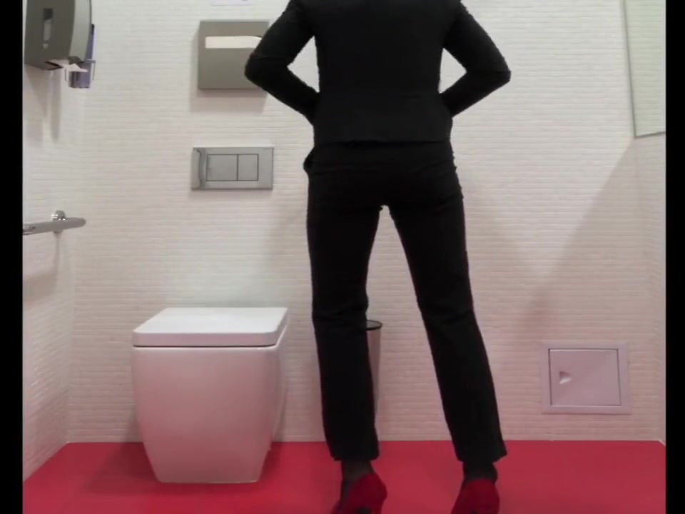 Mean bitch high heels, long legs cum in office toilet like small girl