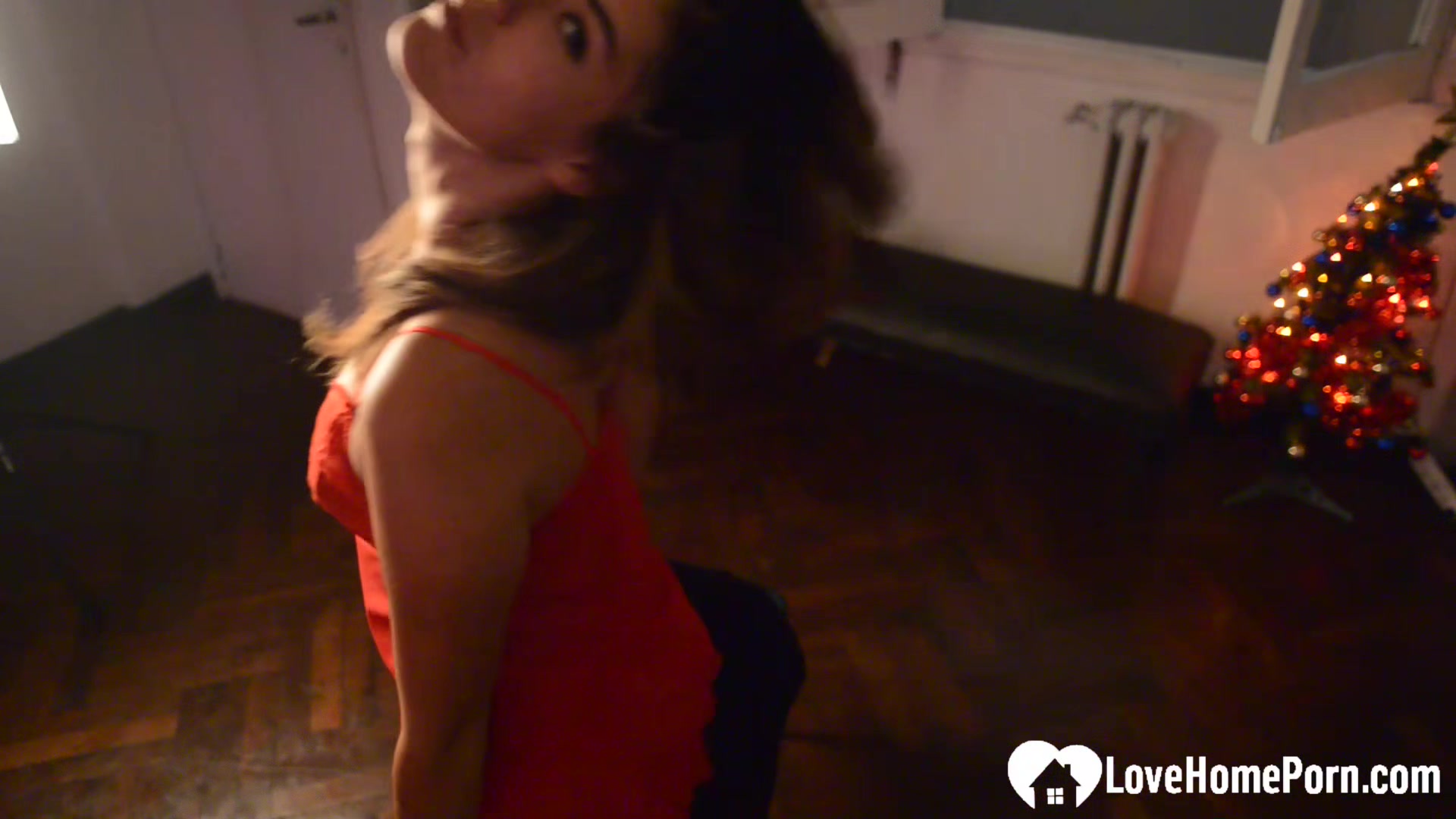 Stepdaughter teases in a sexy red lingerie outfit