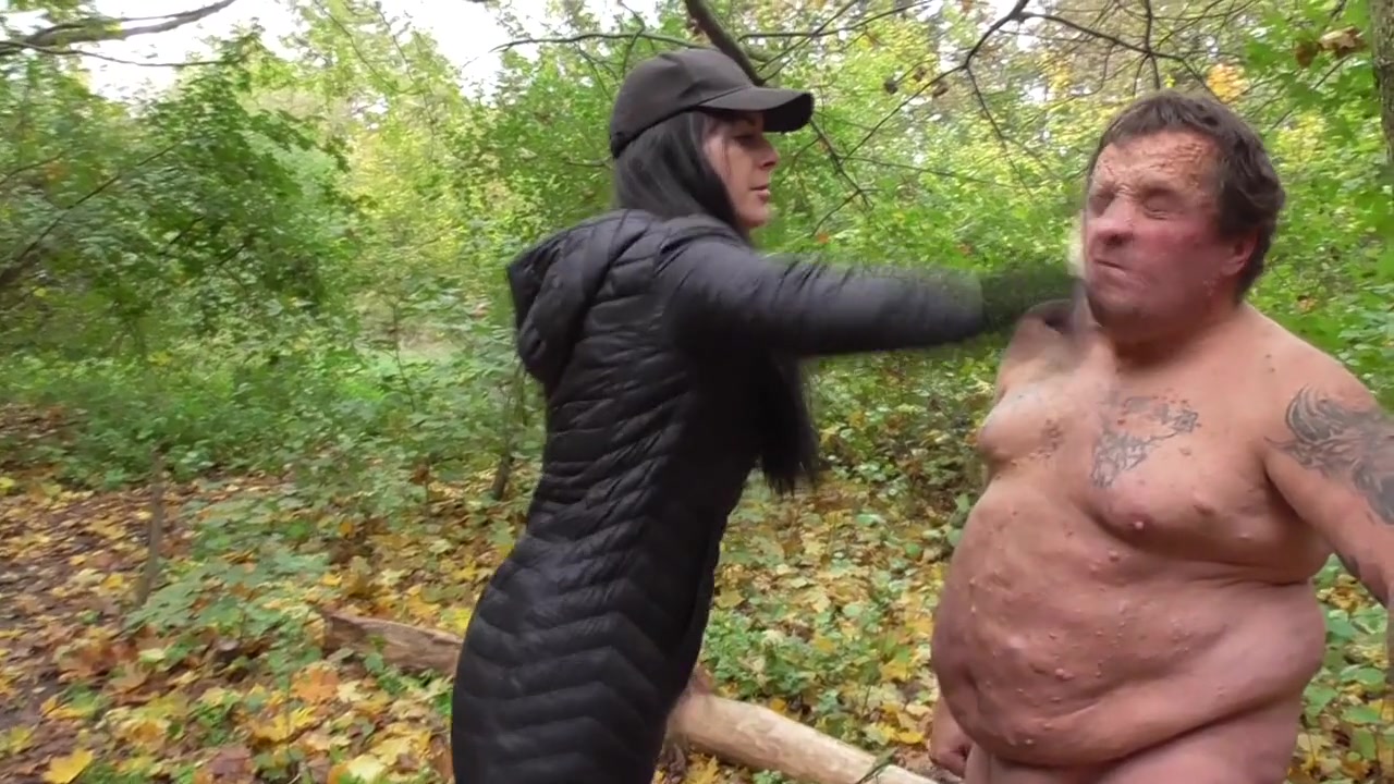 Slapping session in the forest for the naked male slave by Femdom Austria