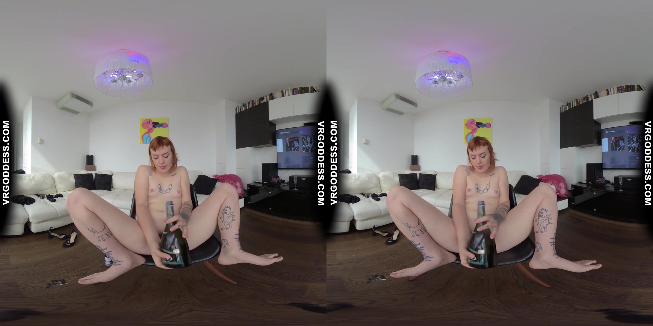 Short Hair Ginger Ripped Stockings Strip Tease Champagne Bottle Fucking