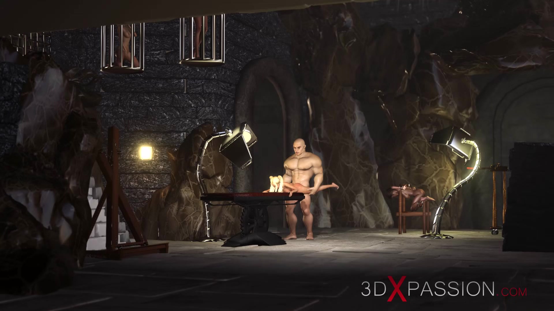 Big man plays with a young blonde in the dungeon