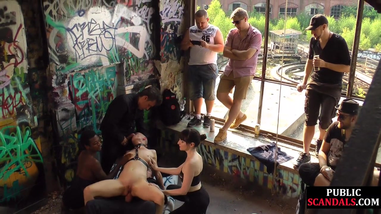BDSM babe 3some anallydrilled and spanked by crowd in public