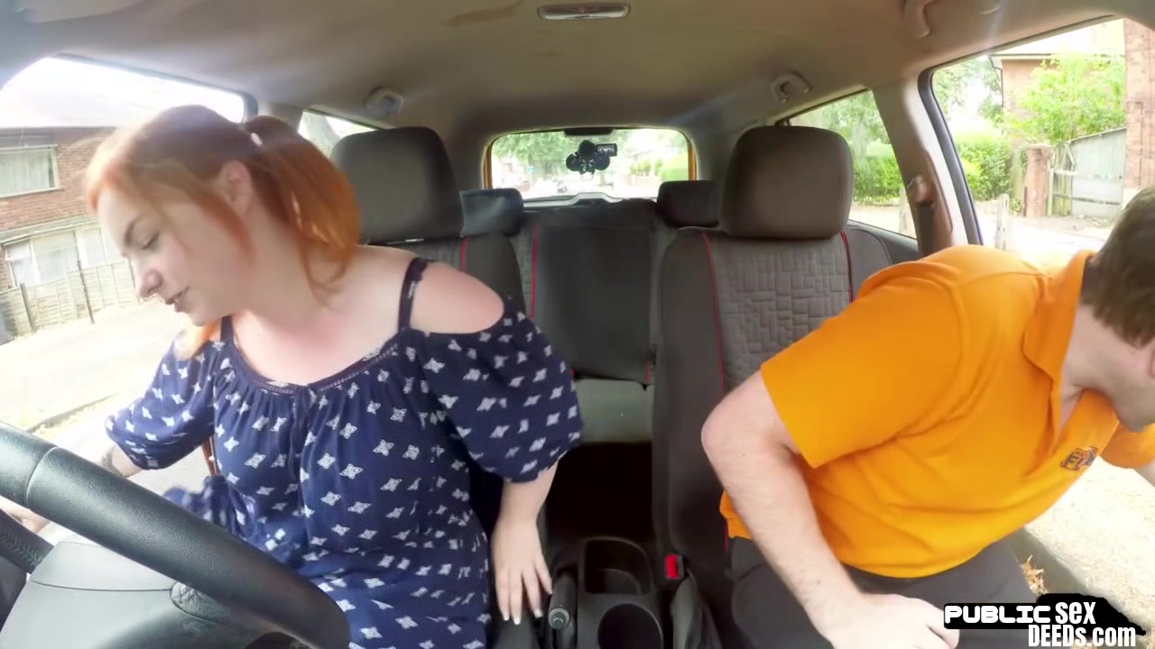 Bigass ginger throats and rides driving tutor in car