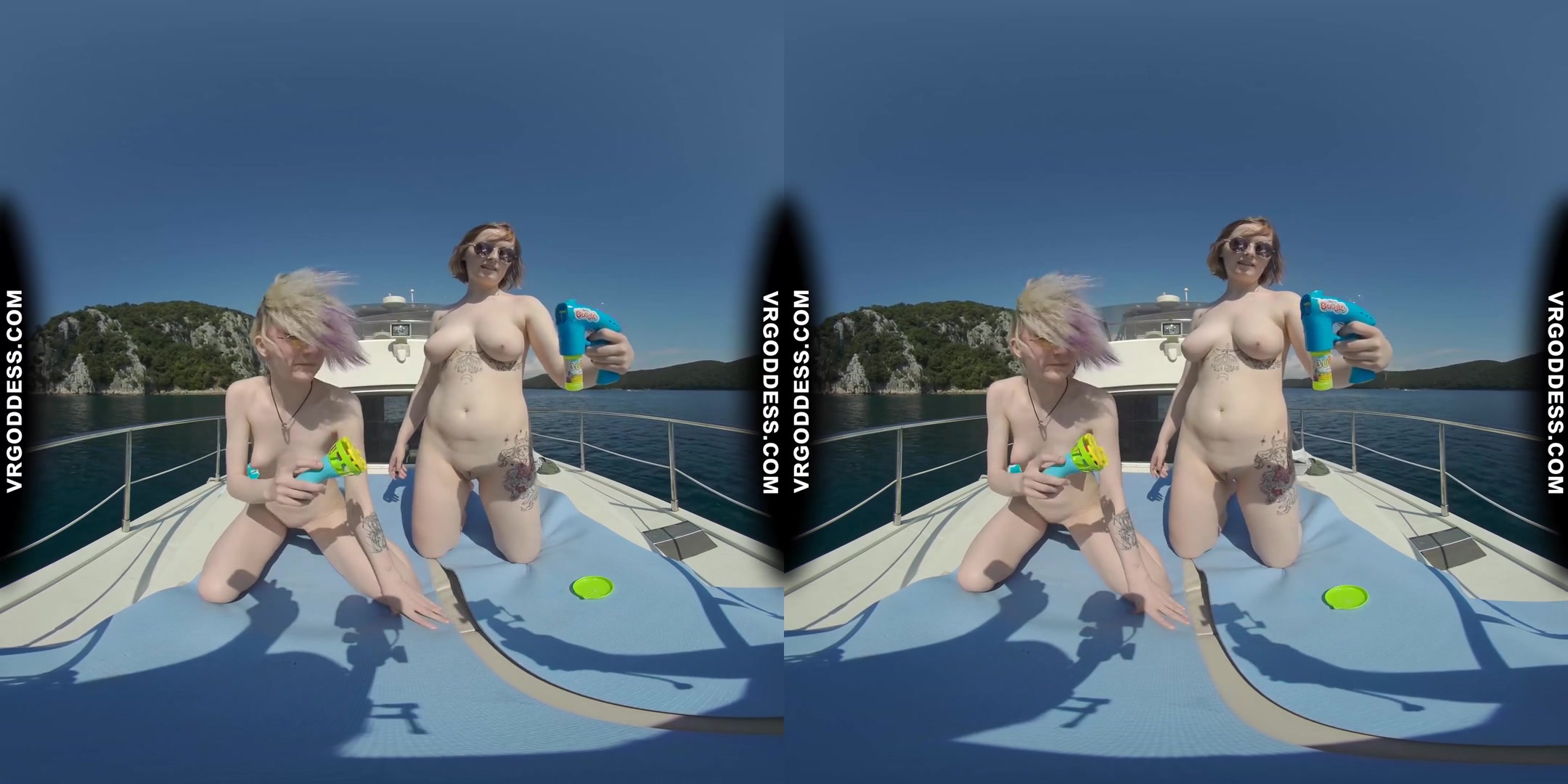 Ingrida And Diana Nude Sunbathing On A Yacht Vacation Playing With Bubbles