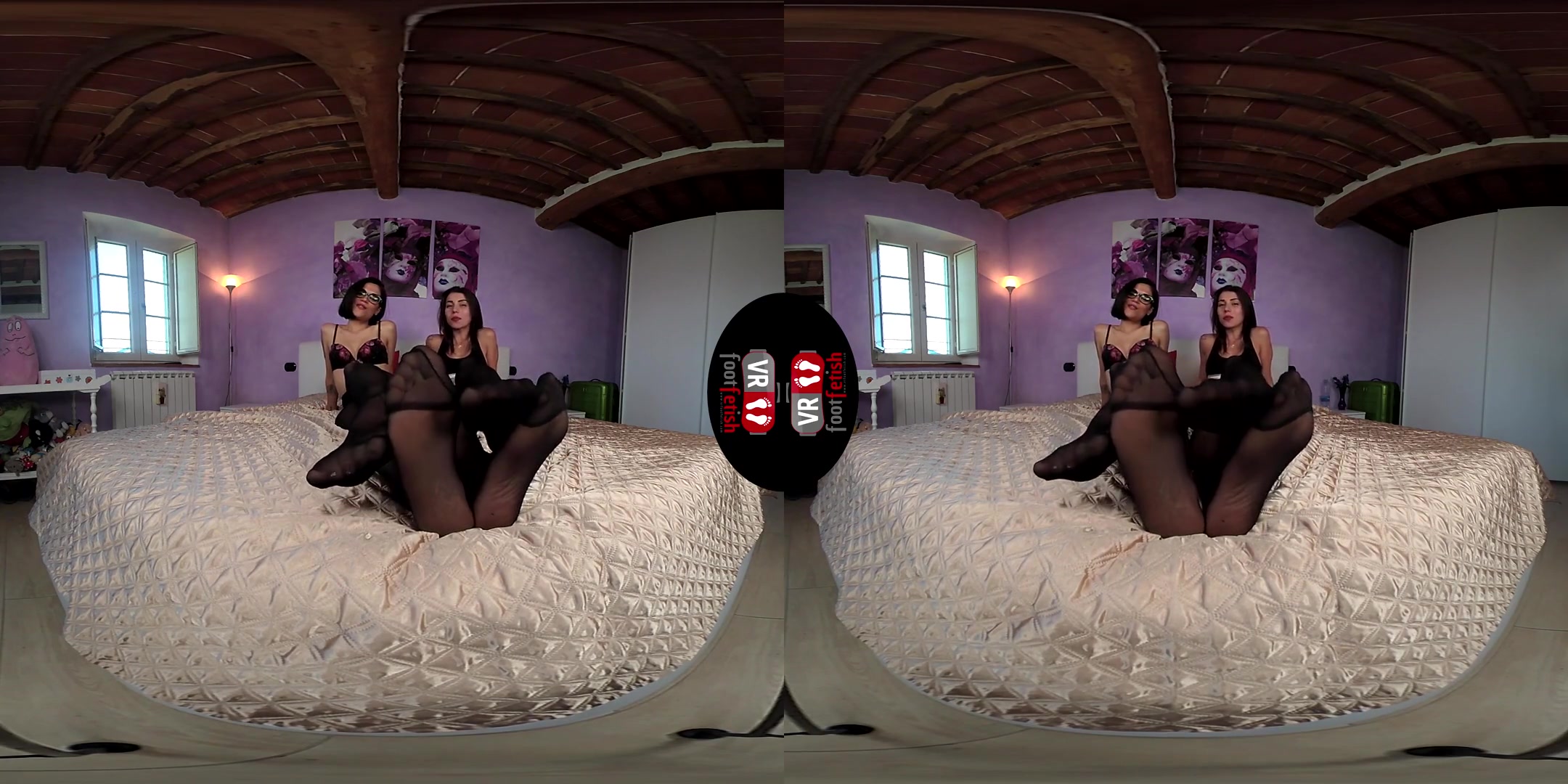 Brunette Power: Chiara and Petra Lay Down in a Bed in Black Nylons - Stockings Foot Fetish Lesbian Feet