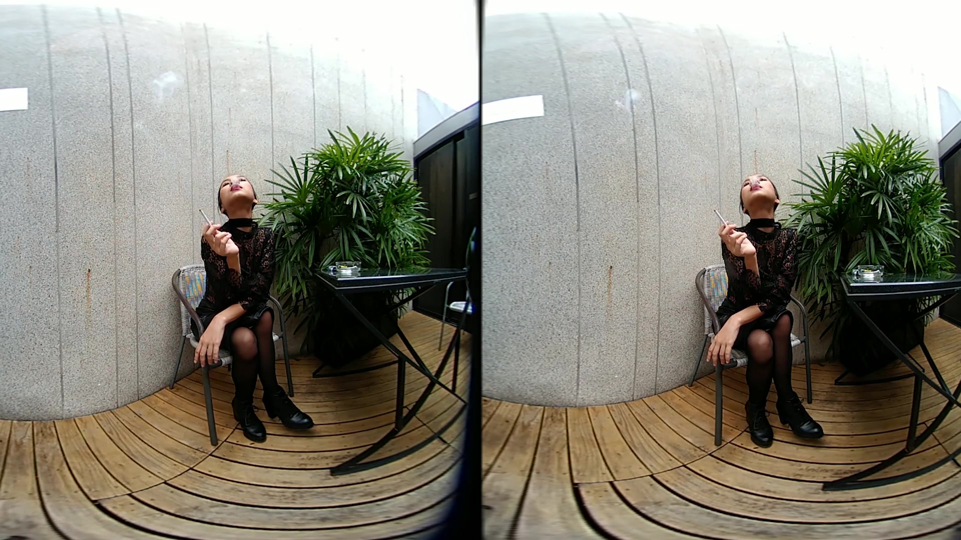 Young Girl Smokes Topless And In Leather Skirt - VRpussyVision