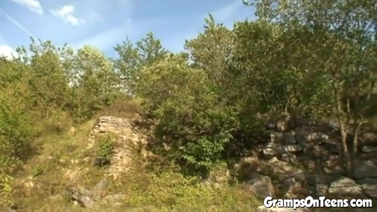 Horny blonde teen rides grandpa then eats his cum outdoors