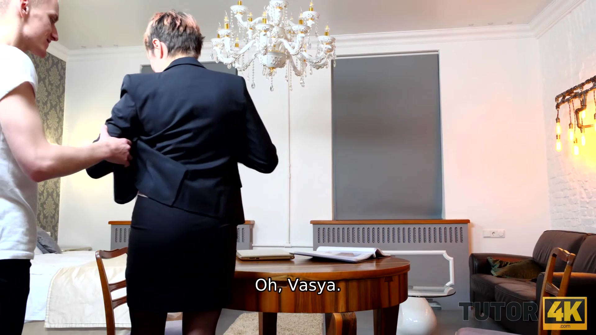 TUTOR4K. Mature woman with short haircut gives muff to younger man for sex