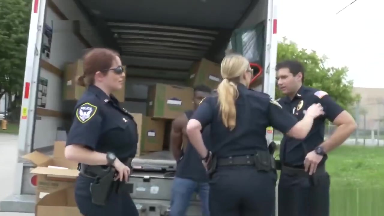 Sexy blonde cop gets blacked doggystyle before her brunette partner rides that BBC