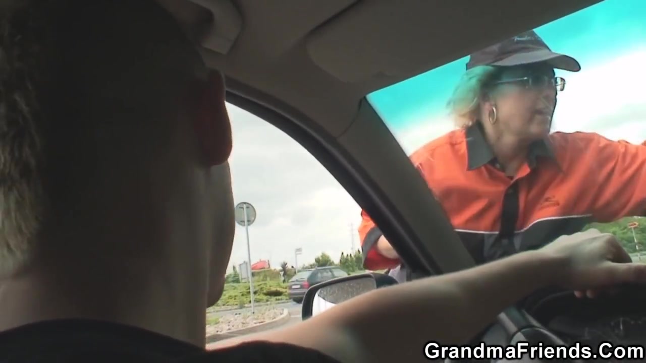 Blonde Old Woman Pleases Two Strangers In The Fields