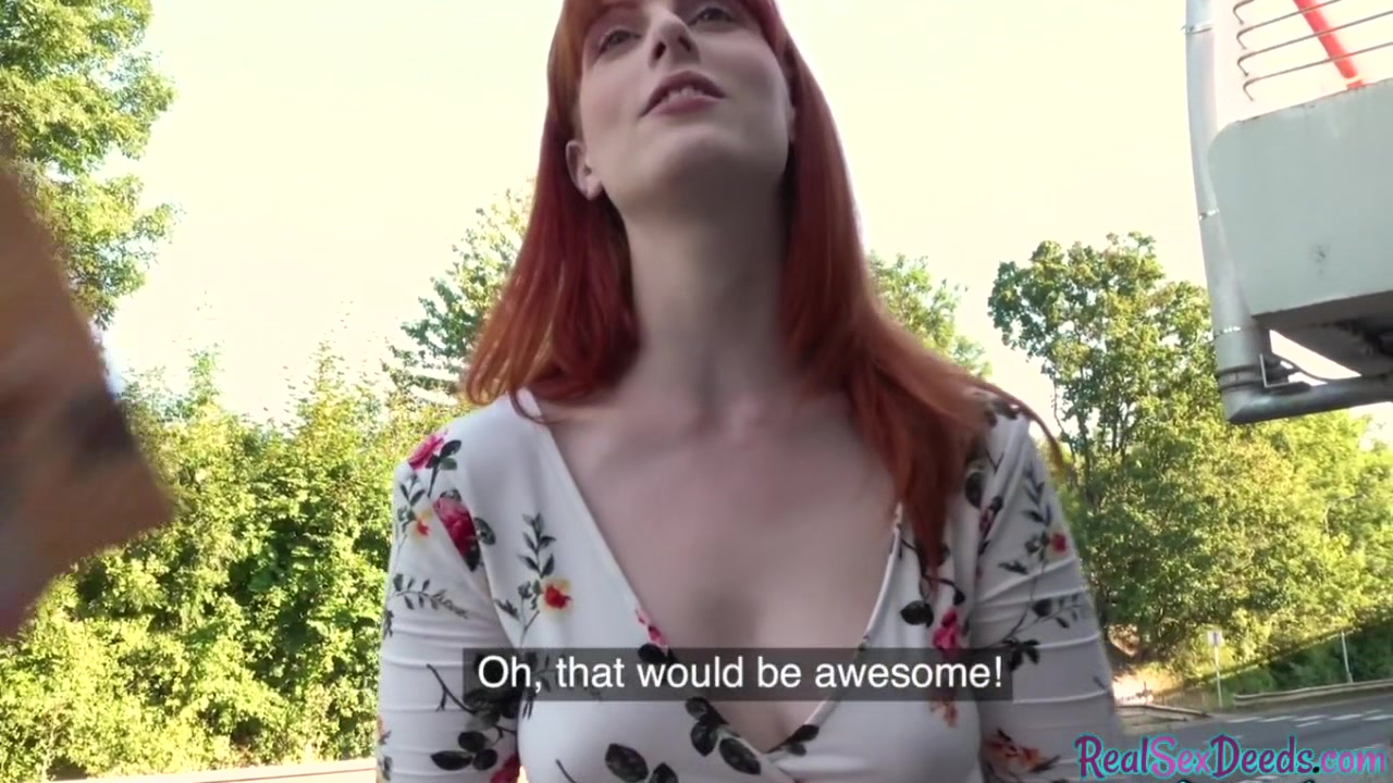 Pulled redhead doggystyled outdoor after riding cock