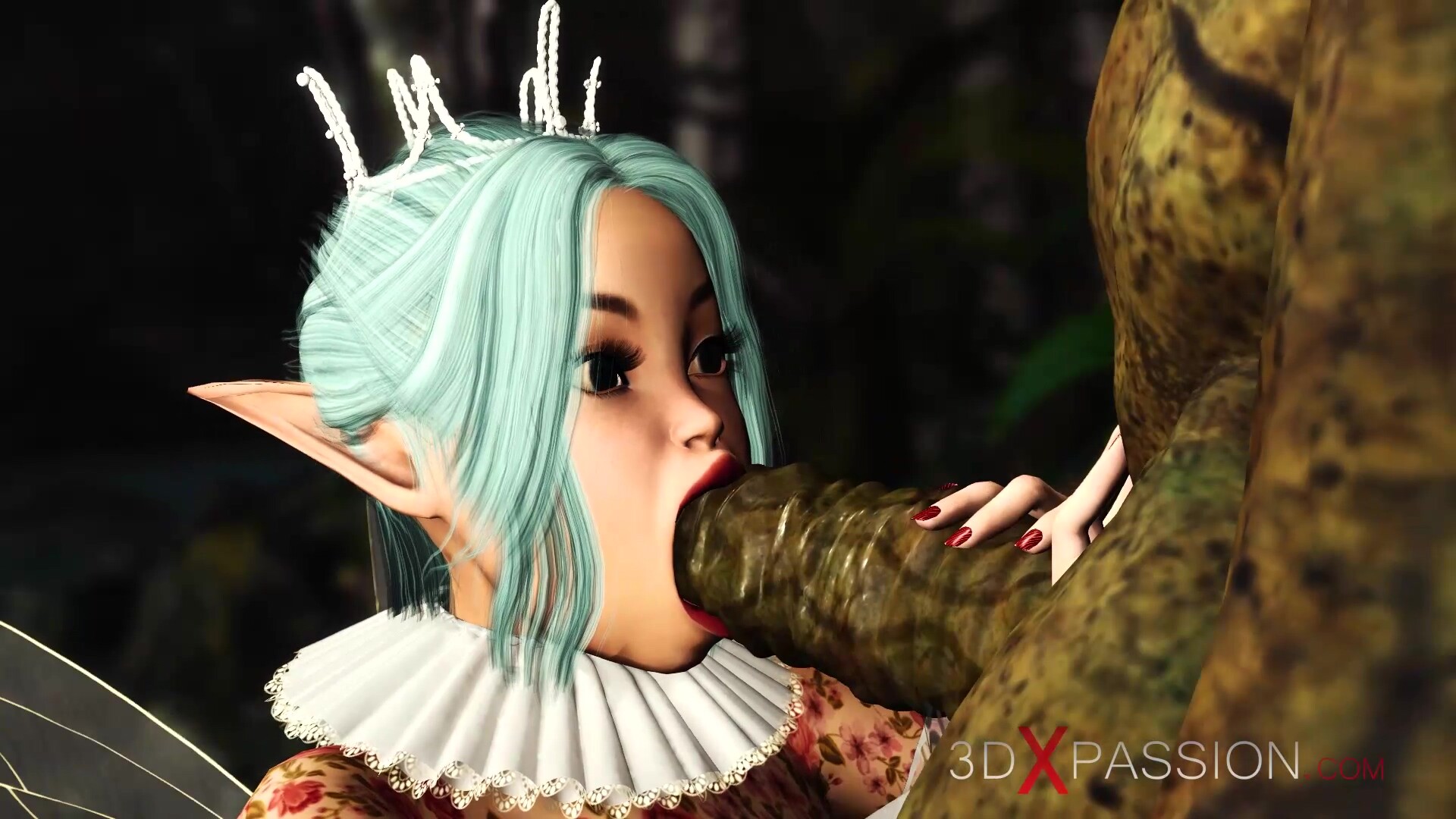 Threesome with a beautiful hot fairy and two orcs in the night forest