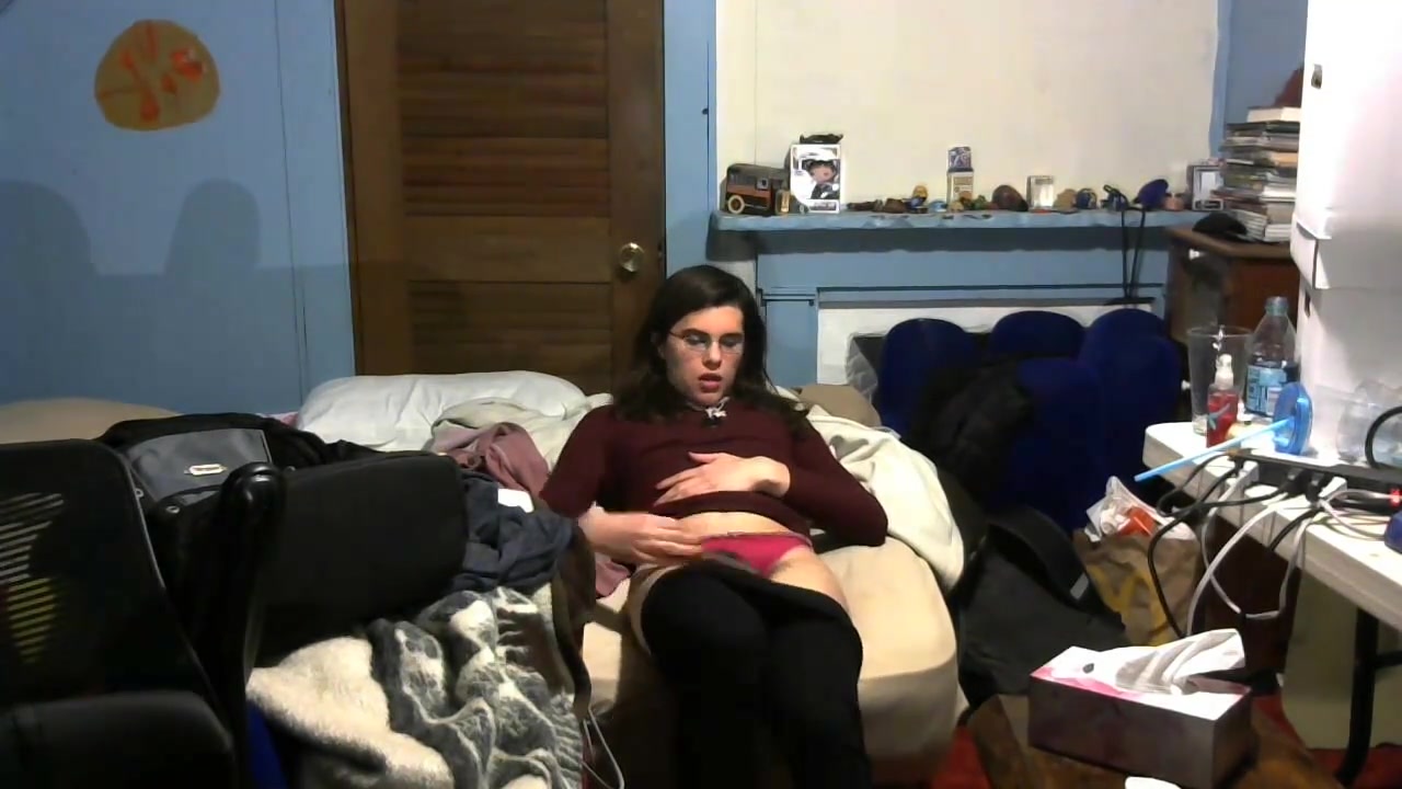 Femboy slut see through leggings pink thong self facial