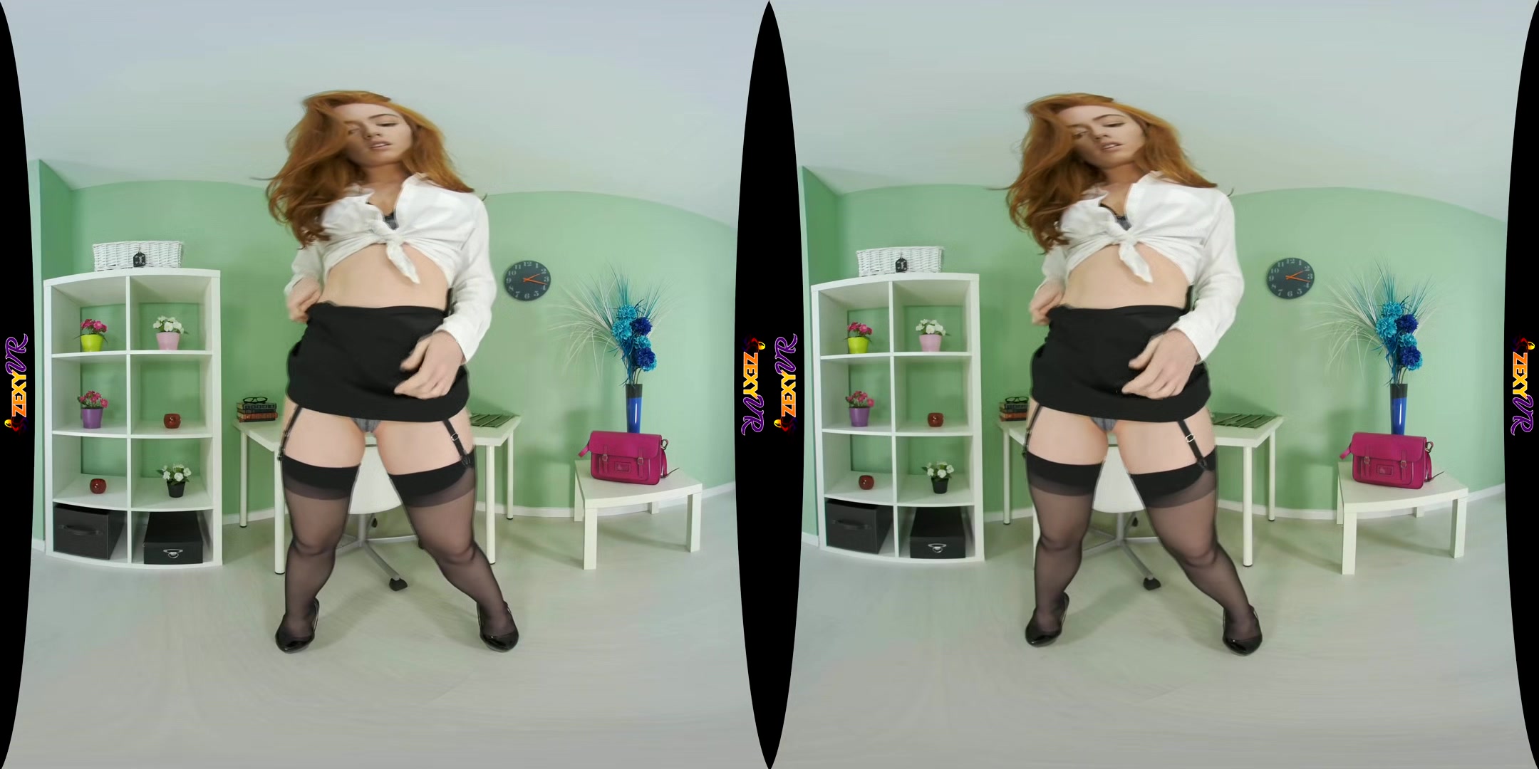 Slackin Off; Tall Thin Redhead Striptease Solo Fishnets Lingerie Office Secretary