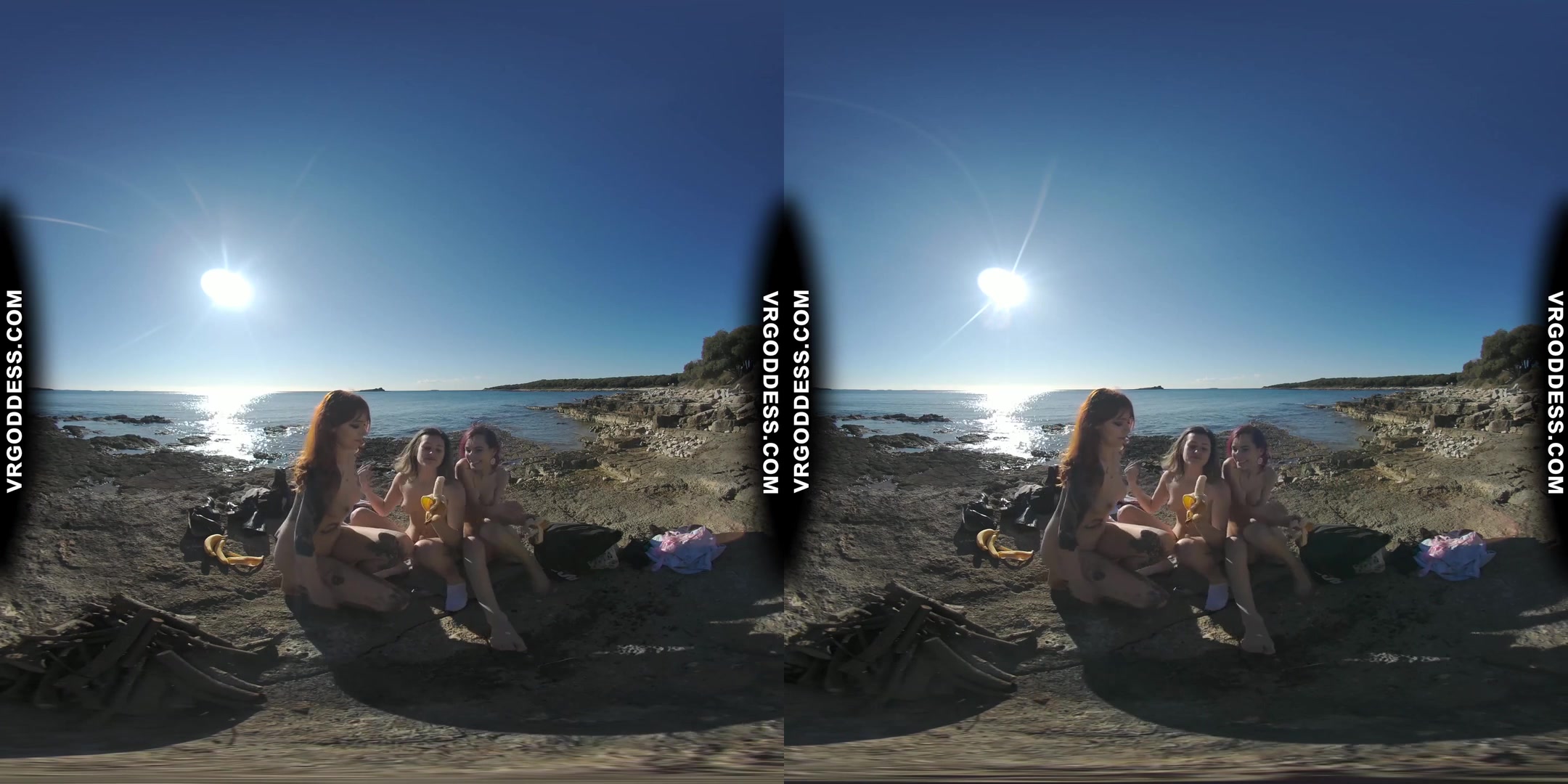 3 Hot Girls Getting Naked On Beach During Winter Making Fire Eating Bananas Dancing
