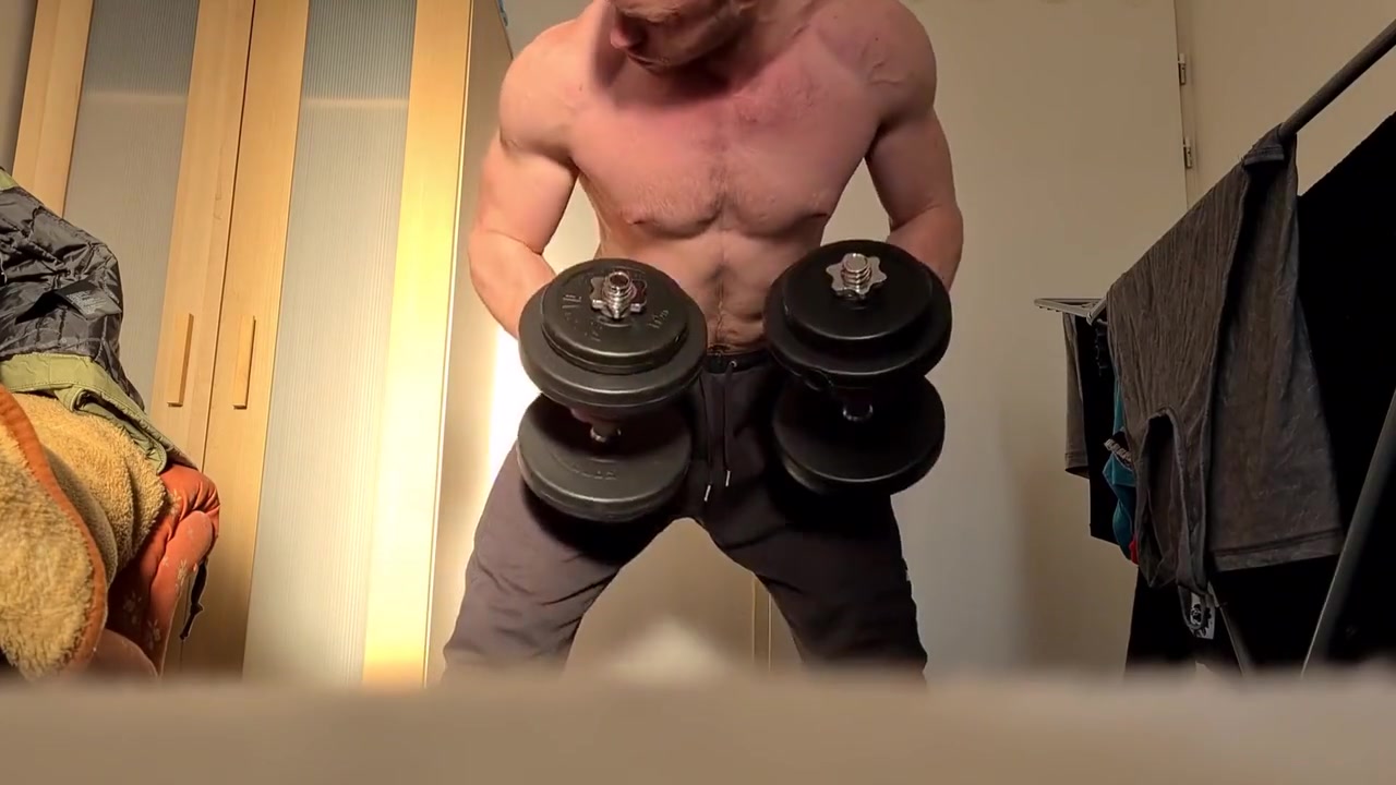Muscle Guy Is Doing Exercises And Jerking Off