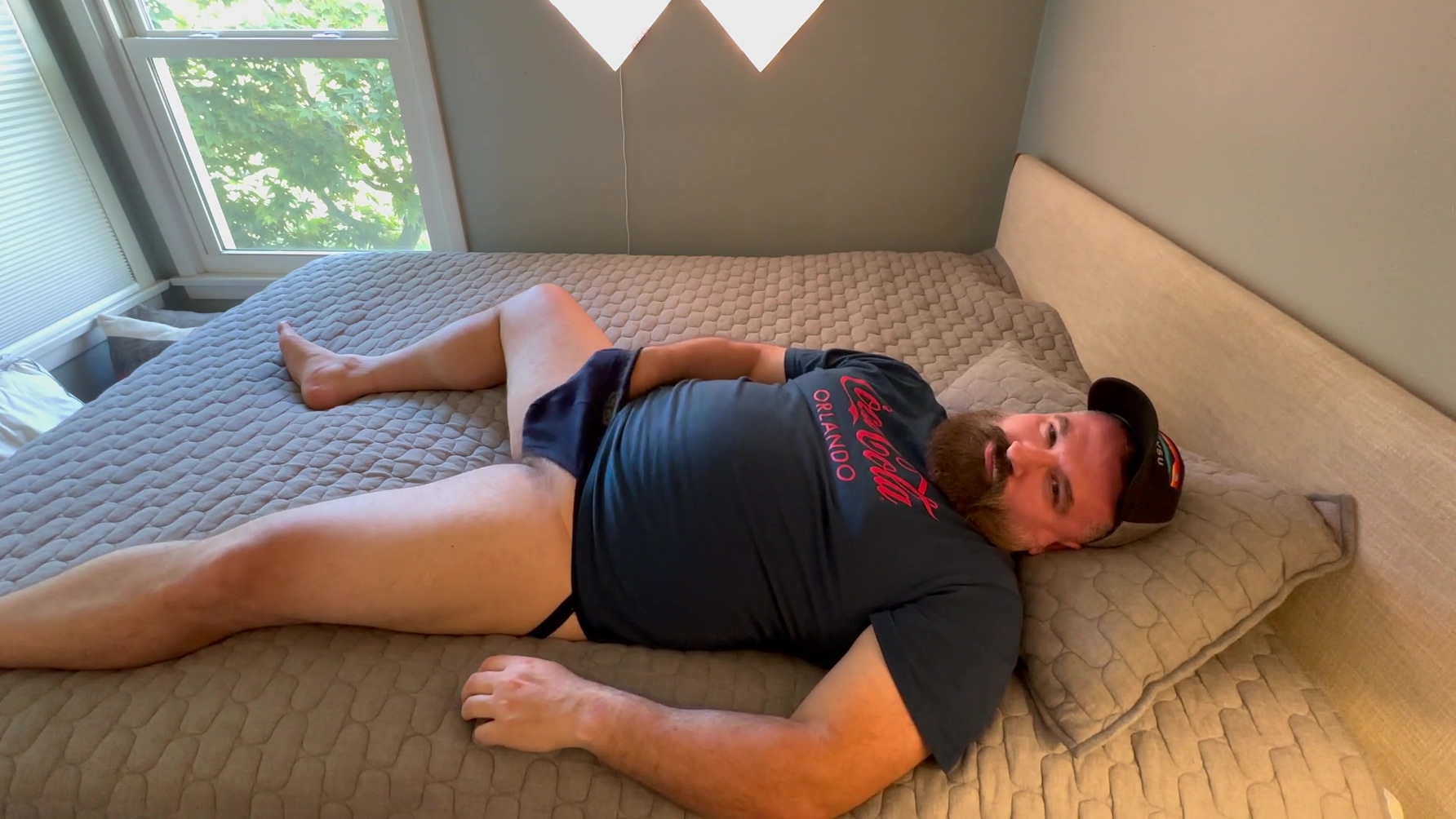 Hot Muscle Bear Works His Hard Cock And Cums On His Bed Sheets