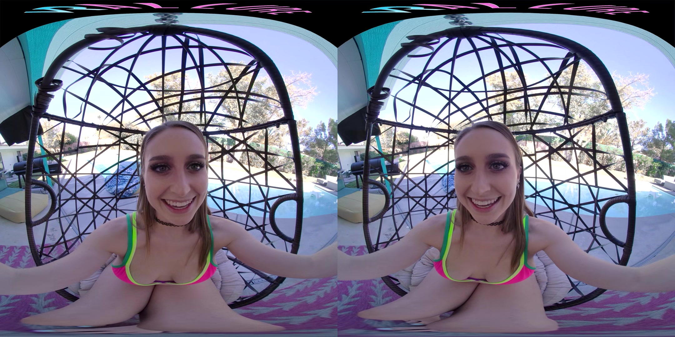 Horny blonde masturbates outside with her toys in virtual reality